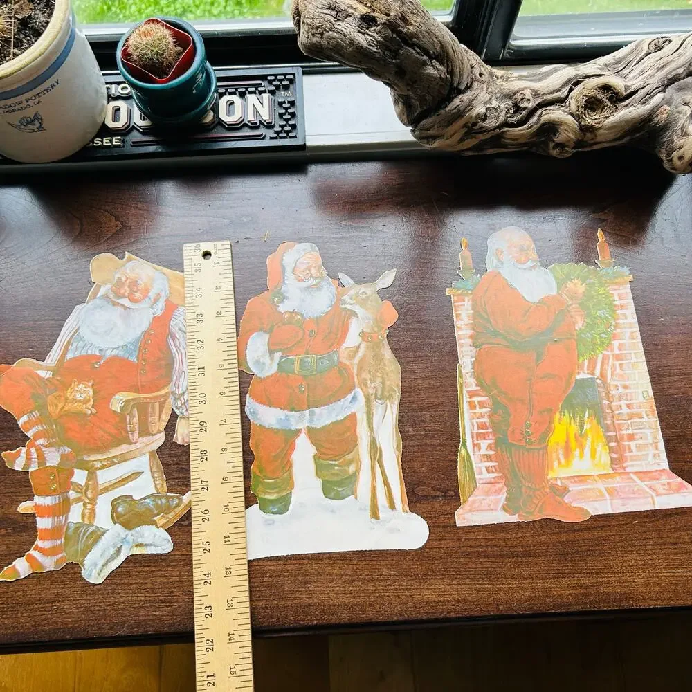 3 Santa Paper Cut Outs Christmas Wall Decor Vintage 11.5